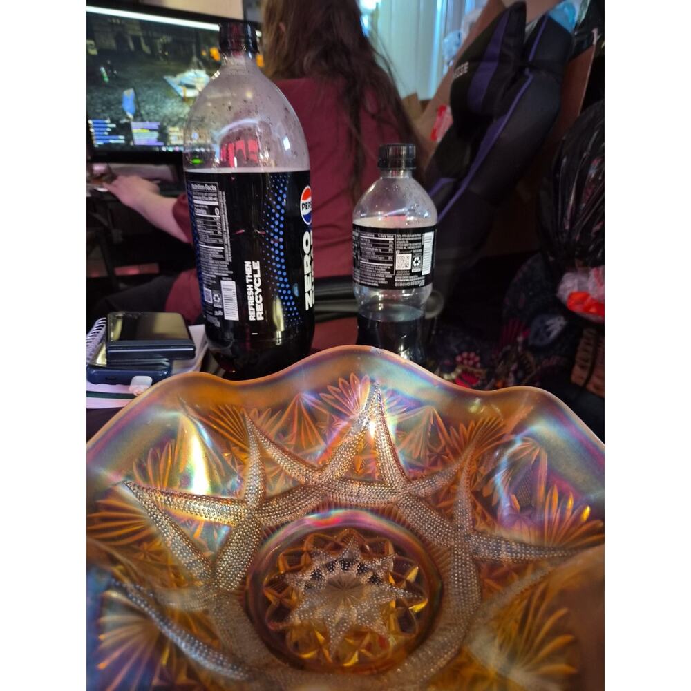 Vintage Dugan Glass Bowl In The Ski Star Pattern Peach Opalescentbor...